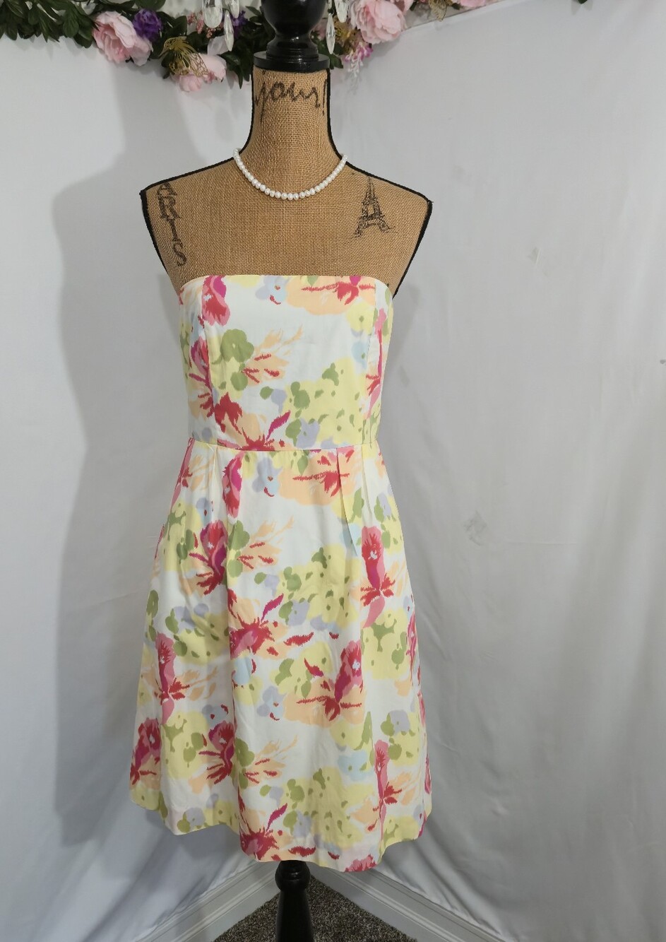 J. Crew Strapless Floral Sundress in White, Pink and Green